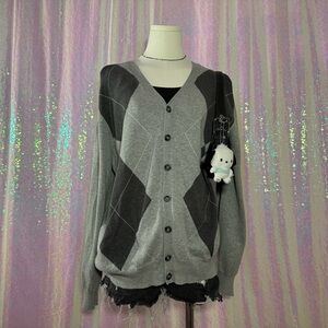 light and dark gray argyle knit button-down cardigan